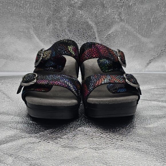 Dansko Sophie Slide Wedge Snakeskin Mosaic Rainbow Sandal Size 38 Adjustable - Picture 2 of 8
